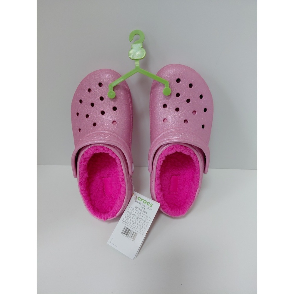 Pink Tweed Classic‎ Glitter Fur Lined CROCS Kids Classic Clog Size J 3 NWT